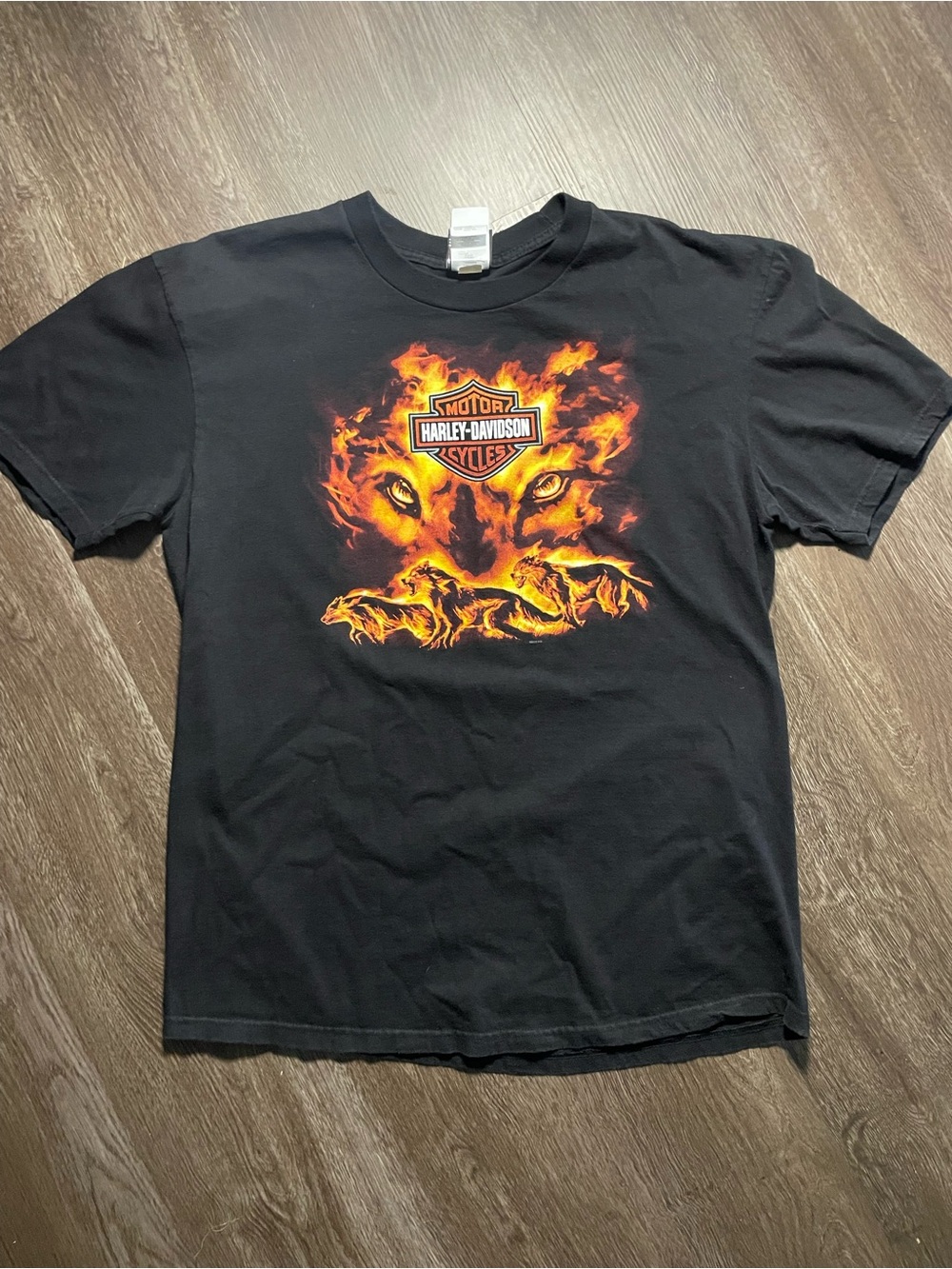 Harley-Davidson Black T-Shirt with Orange and Yellow Flame Lion